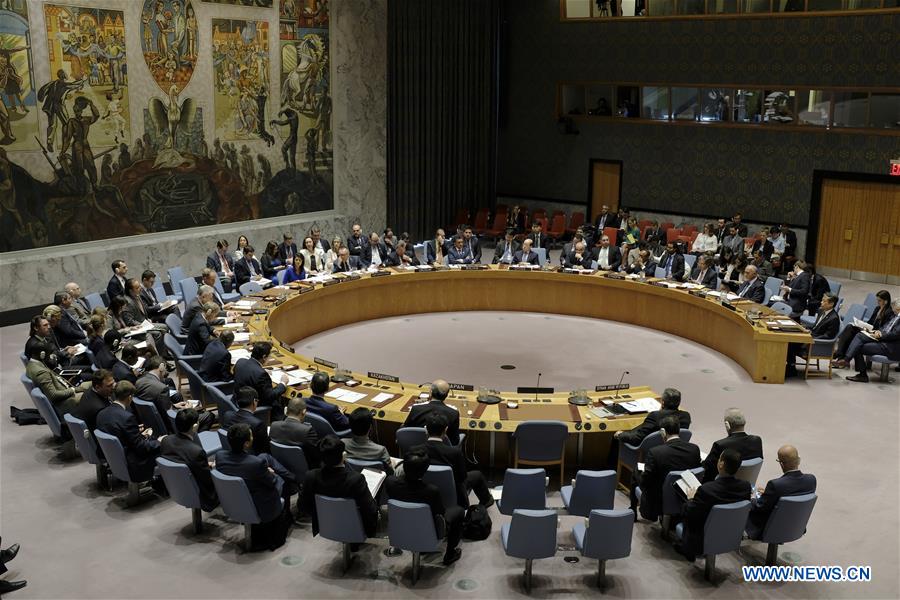 Photo taken on April 5, 2017, shows the United Nations Security Council holding an emergency meeting on alleged chemical weapon attack in Syria, at the UN headquarters in New York. China supports the Organization for the Prohibition of Chemical Weapons (OPCW) and related UN entities in carrying out comprehensive, objective and fair investigations into uses of chemicals as weapons in Syria, said China