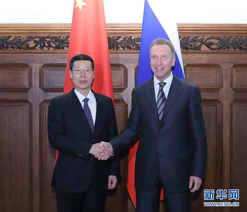 Chinese Vice Premier Zhang Gaoli (L) meets with visiting Russian First Deputy Prime Minister Igor Shuvalov in Beijing on Wednesday, April 12, 2017. [Photo: Xinhua]