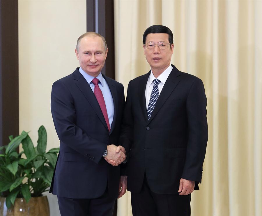 Chinese Vice Premier Zhang Gaoli (R) meets with Russian President Vladimir Putin in Moscow, Russia, April 13, 2017. (Xinhua/Wang Ye) 