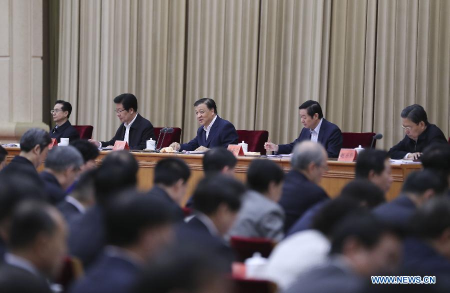 Liu Yunshan (C, rear), a member of the Standing Committee of the Political Bureau of the Communist Party of China (CPC) Central Committee, addresses a meeting for further implementation of a year-long education campaign within the CPC to strengthen Party discipline in Beijing, capital of China, April 16, 2017. (Xinhua/Ding Lin)