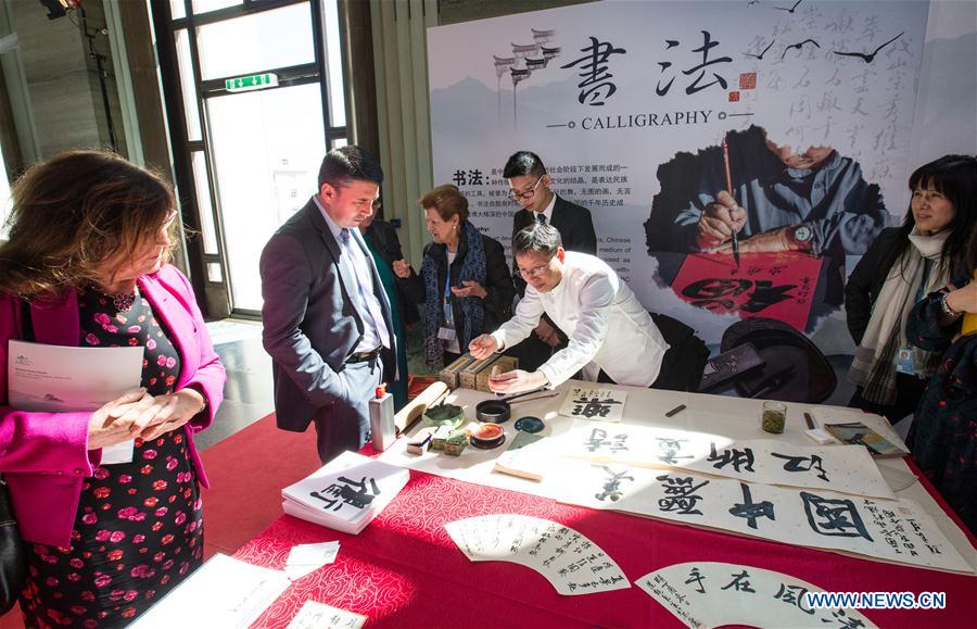 People watch the presenting of Chinese calligraphy at the exhibition "Beautiful China, Picturesque Zhejiang" in Geneva, Switzerland, on April 19, 2017. The exhibition was held here on Wednesday as part of the activities marking the 2017 United Nations Chinese Language Day. (Xinhua/Xu Jinquan) 