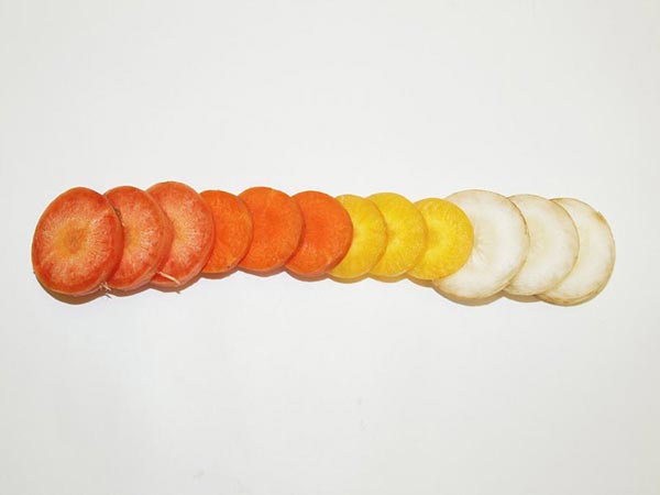 Sliced carrots exhibiting a broad range of naturally occurring carotenoid pigments in this image released on May 9, 2016. [Photo/Agencies]