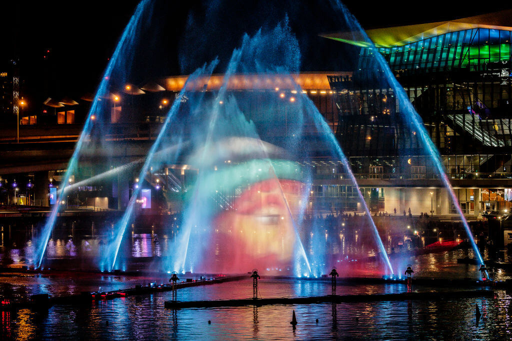 The Magicians of the Mist lightshow at Darling Harbour during Vivid Sydney. 