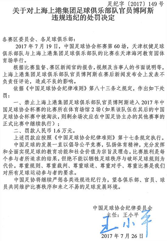 罰單：權健官員被禁賽2場 俱樂部共被罰15萬