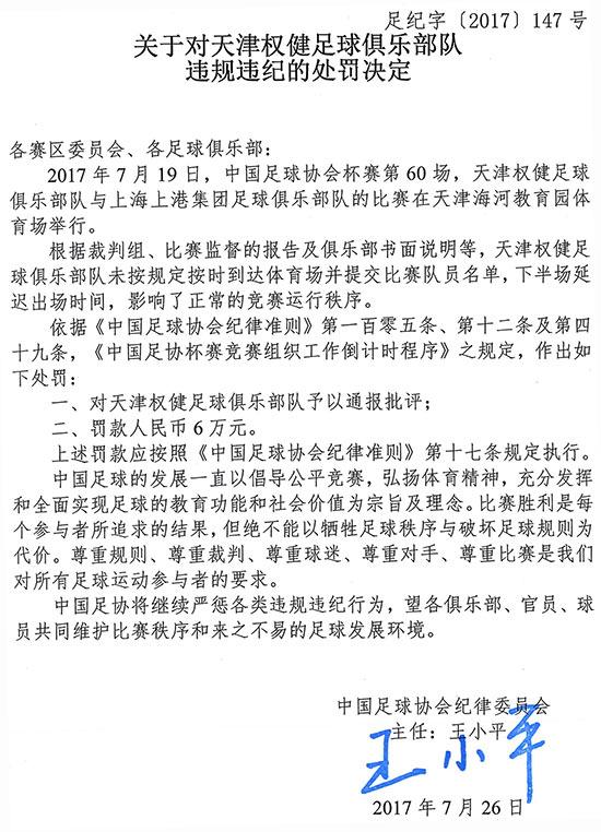 罰單：權健官員被禁賽2場 俱樂部共被罰15萬