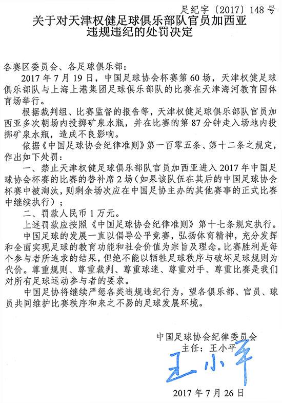 罰單：權健官員被禁賽2場 俱樂部共被罰15萬