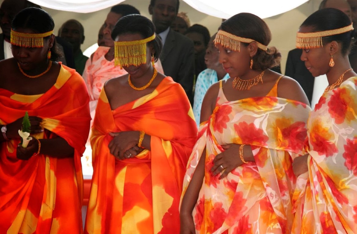 The bridal traditional ware of Ankole kingdom during marriage, the face of the bride is covered with hanging bids until the groom unveils her.