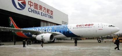 A passenger aircraft painted with World Expo designs unveils on the tarmac of Hongqiao Airport, in Shanghai, east China, Jan. 19, 2010. This is the 4th of the six planes painted with World Expo logos, which are provided by China Eastern Airlines to service for the Shanghai Expo. (Xinhua/Chen Fei)