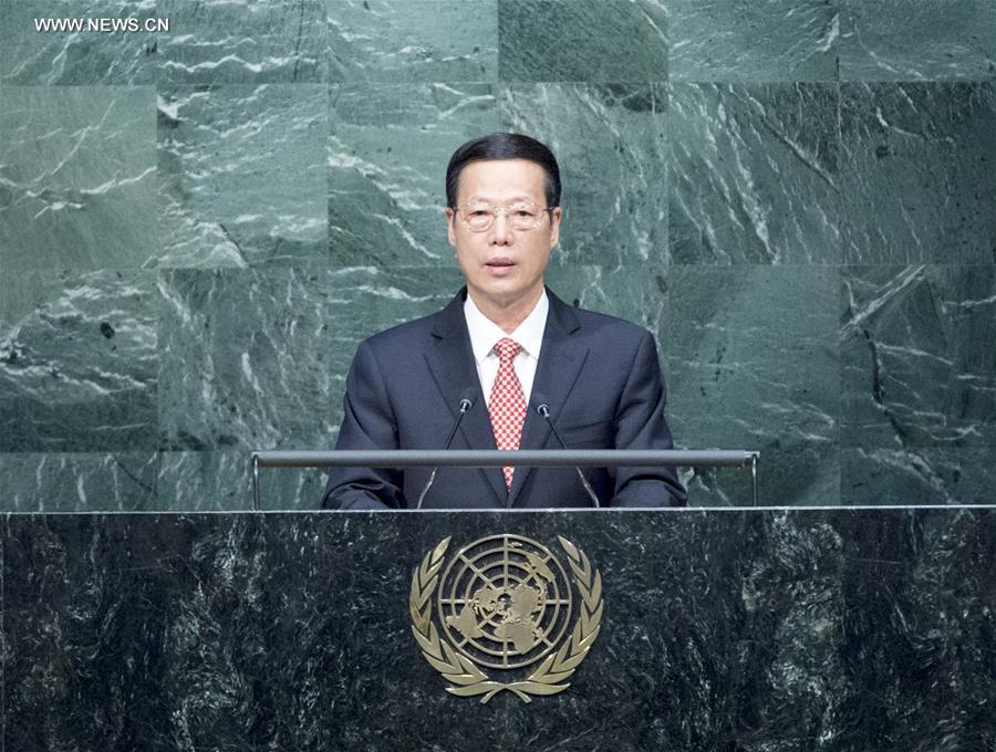 NEW YORK, April 22, 2016 (Xinhua) -- Zhang Gaoli, Chinese vice premier and special envoy of President Xi Jinping, delivers a speech at the opening ceremony of the High-Level Event for the Signature of the Paris Agreement at the United Nations headquarters in New York April 22, 2016. (Xinhua/Wang Ye)