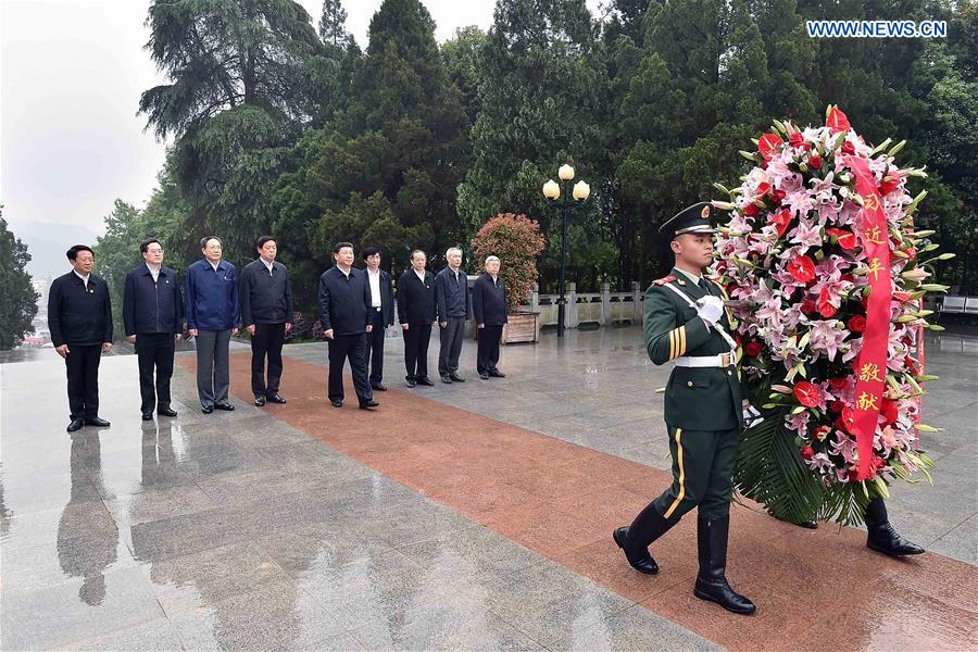 HEFEI, April 27, 2016 (Xinhua) -- Chinese President Xi Jinping visits the revolutionary martyrs monument on the Red Army Square in Jinzhai County, Liuan City, east China