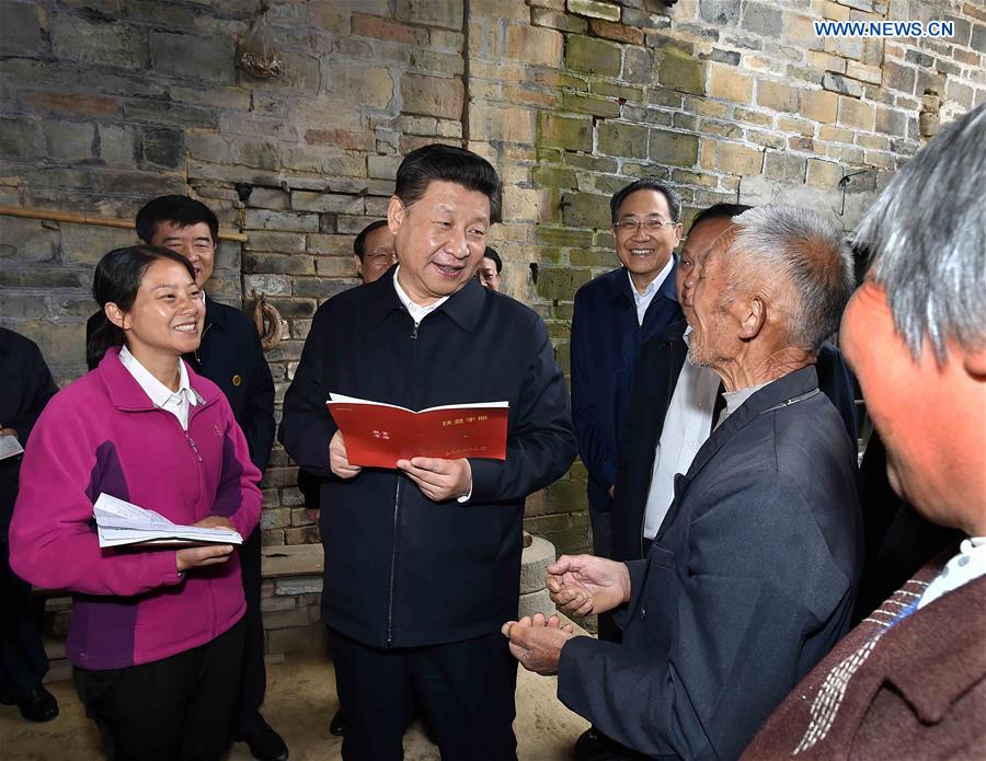 HEFEI, April 27, 2016 (Xinhua) -- Chinese President Xi Jinping visits the family of villager Wang Nengbao at Dawan Village of Huashi Township in Jinzhai County, Liuan City, east China