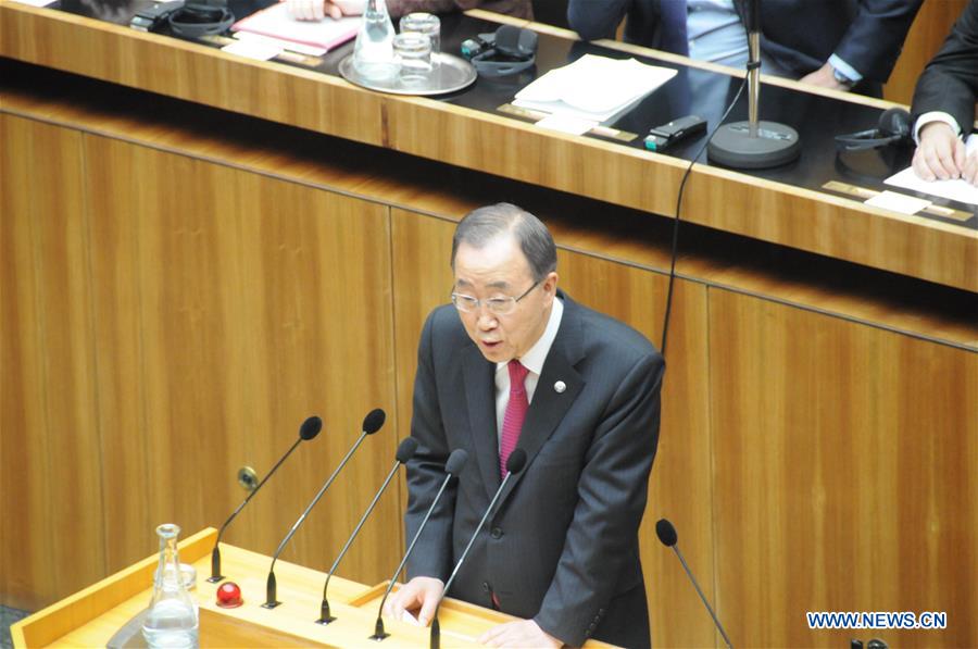 UN Secretary-General Ban Ki-moon delivers a speech to Austrian parliament in Vienna, Austria, April 28, 2016. UN Secretary-General Ban Ki-moon on Thursday showed his concern over the increasingly restrictive refugee policies in the European Union when he gave a speech to Austrian parliament. (Xinhua/Liu Xiang) 