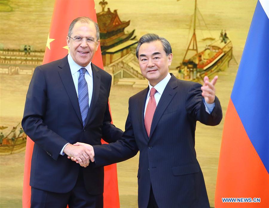 BEIJING, April 29, 2016 (Xinhua) -- Chinese Foreign Minister Wang Yi (R) holds talks withRussian Foreign Minister Sergey Lavrov in Beijing, capital of China, April 29, 2016. (Xinhua/Ding Haitao)