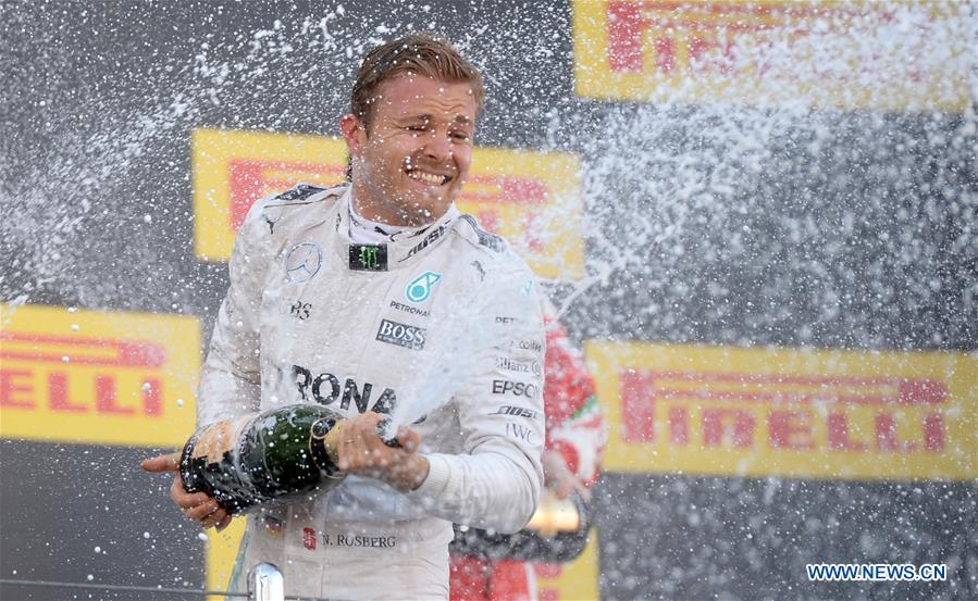 SOCHI, May 2, 2016 (Xinhua) -- German Mercedes driver Nico Rosberg sprays champagne after winning the Formula One Russian Grand prix in Sochi May 1, 2016. (Xinhua/Pavel Bednyakov) 