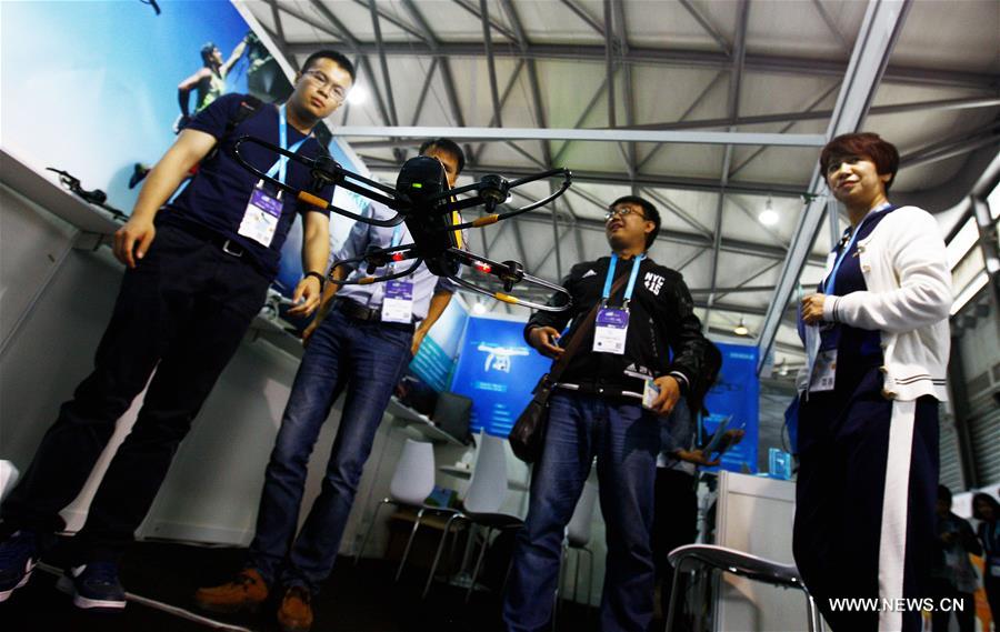SHANGHAI, May 11, 2016 (Xinhua) -- A drone flies for demonstration during CES Asia 2016 in Shanghai, east China, May 11, 2016. The CES Asia 2016, with the participation of over 3,200 enterprises from over 150 countries, kicked off here Wednesday. (Xinhua/Fang Zhe)