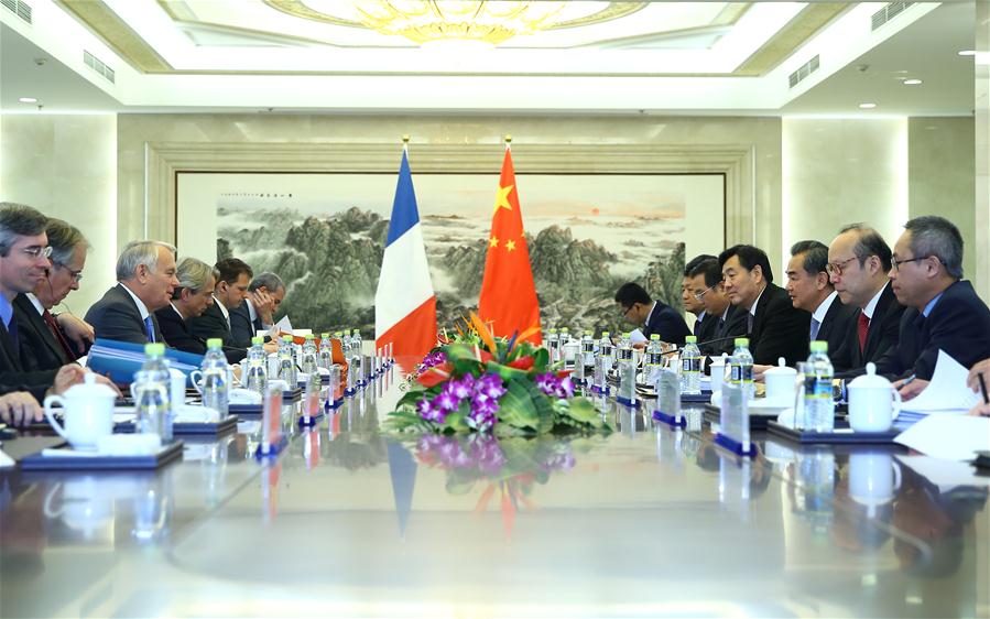 Chinese Foreign Minister Wang Yi (3rd R) meets with French Foreign Minister Jean-Marc Ayrault (3rd L) in Beijing, capital of China, May 16, 2016. (Xinhua/Ding Haitao)