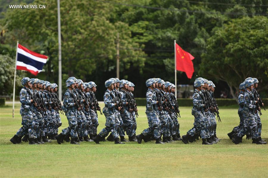 SATTAHIP, May 21, 2016 (Xinhua) -- Chinese marines take part in the opening ceremony for a joint military exercise in Sattahip Naval Base, Chon Buri province, Thailand, on May 21, 2016. Thai and Chinese marine corps held an opening ceremony for a joint military exercise codenamed Blue Strike 2016 here on Saturday. (Xinhua/Li Mangmang)