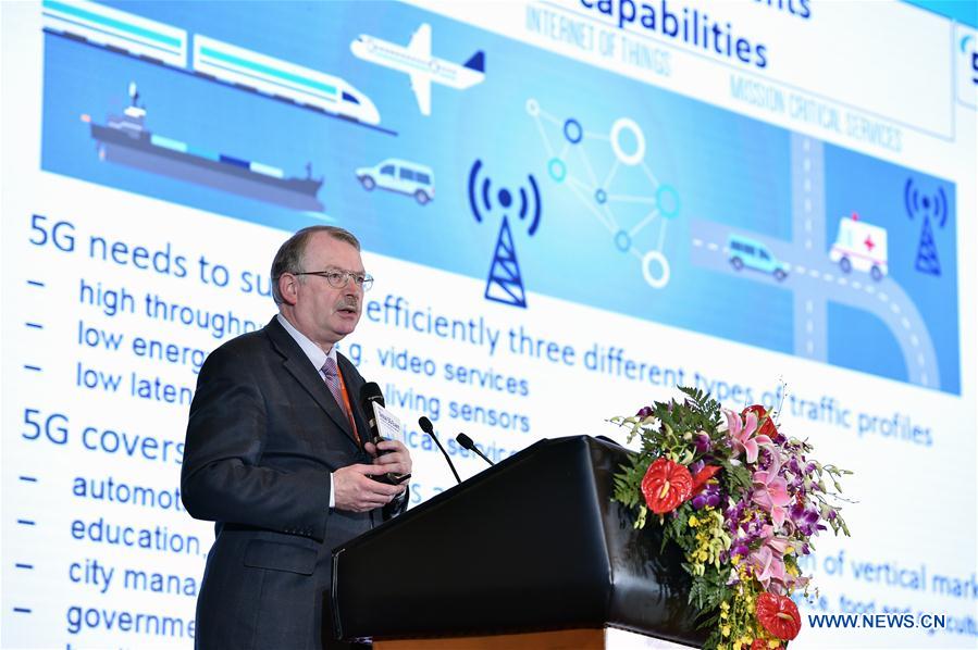 Werner Mohr, chairman of the 5G-PPP Association, gives a speech during the first Global 5G Event in Beijing, capital of China, May 31, 2016. The theme of the two-day event is "building 5G technology ecosystem". (Xinhua/Li Xin)
