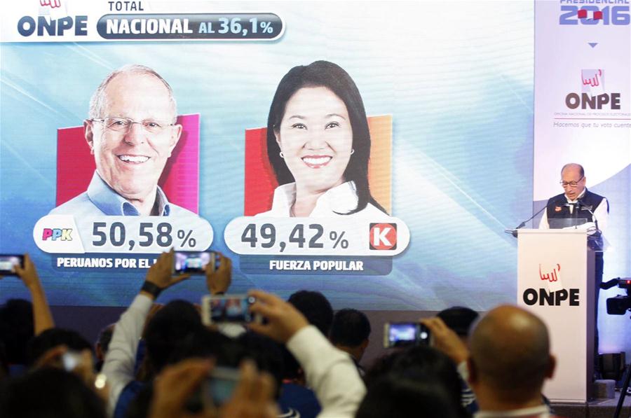 Presidential candidate Pedro Pablo Kuczynski of the Peruvians for Change (PPK) party waves to his supporters at the end of the second round of the presidential elections in the district of San Isidro, Lima Province, Peru, on June 5, 2016. (Xinhua/Luis Camacho)