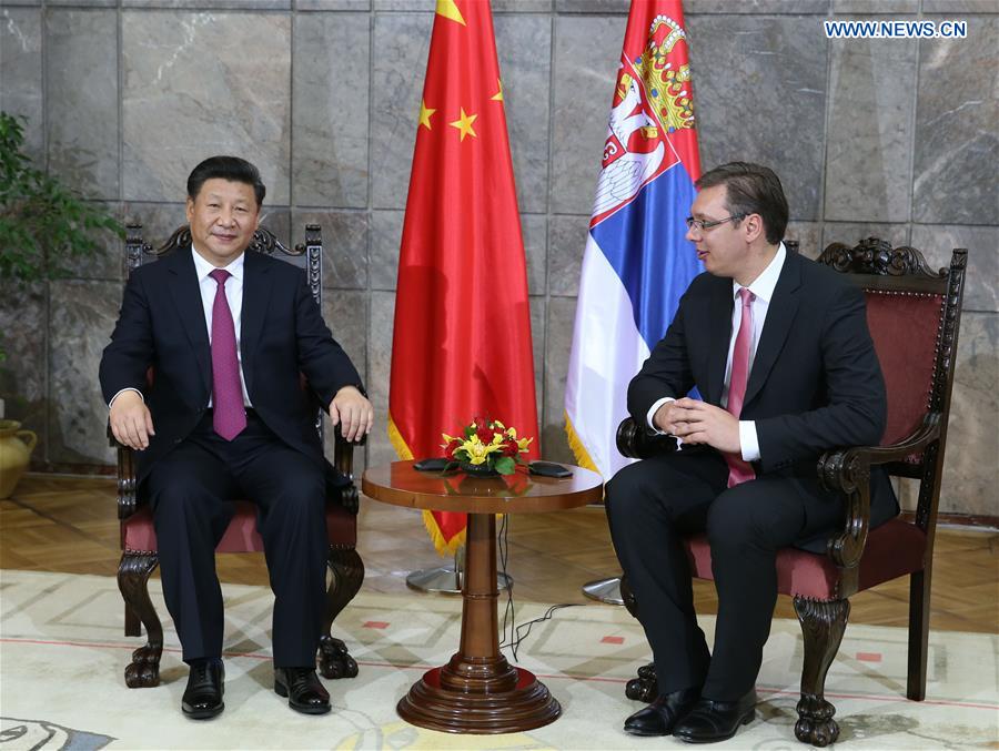 BELGRADE, June 18, 2016 (Xinhua) -- Chinese President Xi Jinping (L) meets with Serbian Prime Minister Aleksandar Vucic in Belgrade, Serbia, June 18, 2016. (Xinhua/Ma Zhancheng)