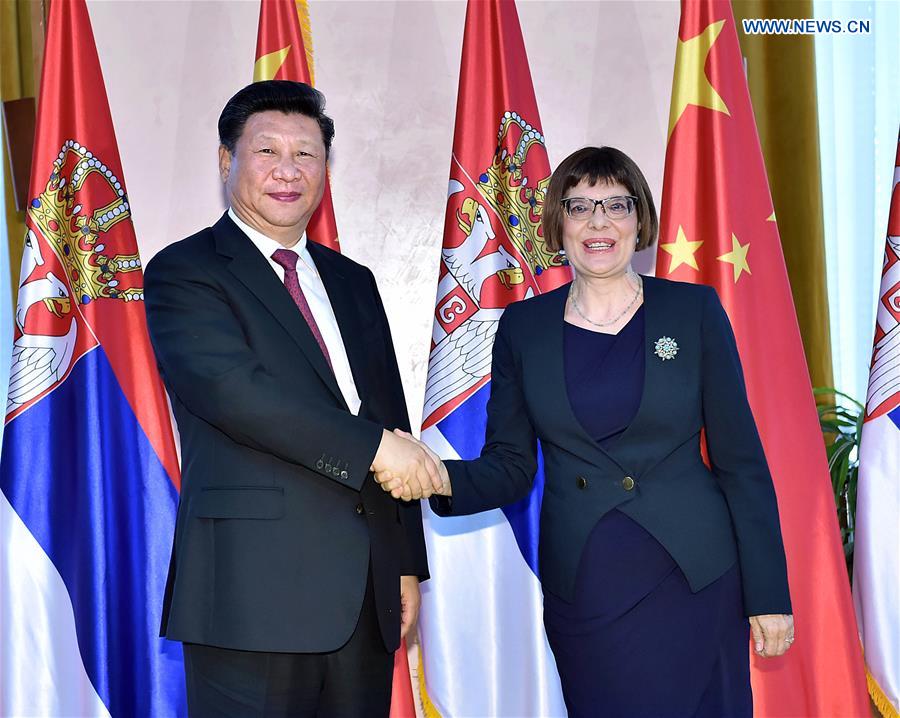 BELGRADE, June 18, 2016 (Xinhua) -- Chinese President Xi Jinping (L) meets with Serbian Parliament Speaker Maja Gojkovic in Belgrade, Serbia, June 18, 2016. (Xinhua/Li Tao)