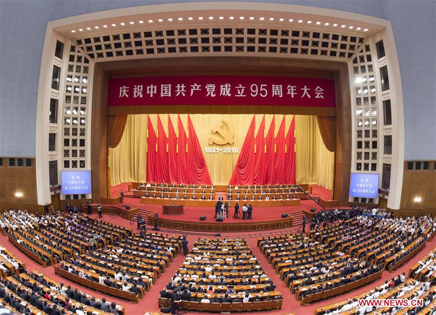 BEIJING, July 1, 2016 (Xinhua) -- A grand gathering celebrating the 95th anniversary of the founding of the Communist Party of China (CPC) is held at the Great Hall of the People in Beijing, capital of China, July 1, 2016. (Xinhua/Wang Ye)