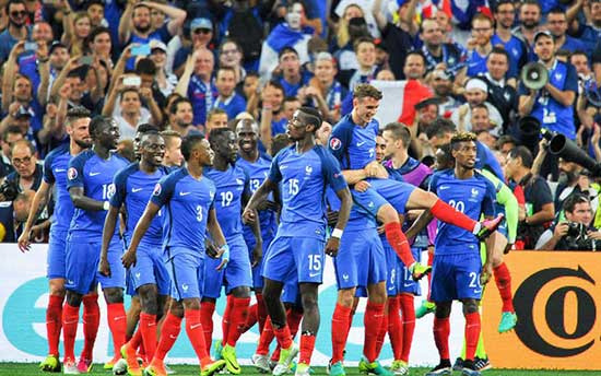 The French team celebrate after the UEFA EURO 2016 semi final match between Germany and France at Stade Velodrome in Marseille, France, July 7, 2016. 