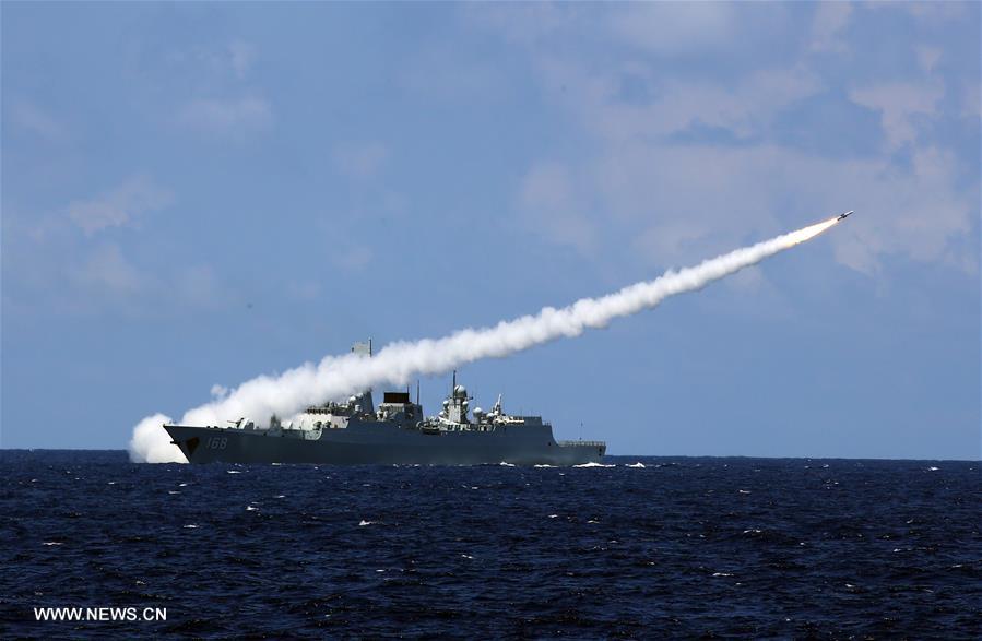 Missile destroyer Guangzhou launches an air-defense missile during a military exercise in the water area near south China
