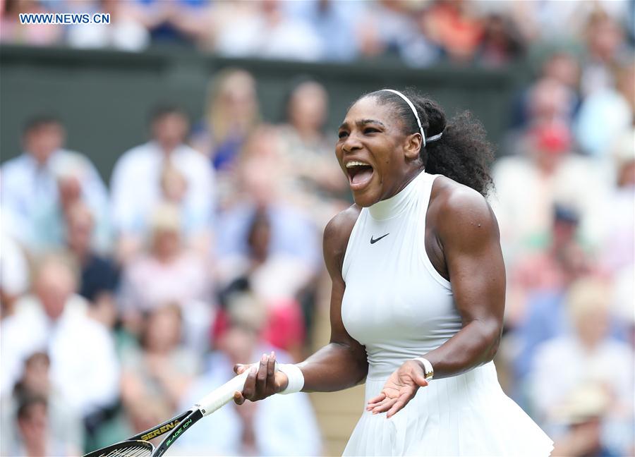 LONDON, July 9, 2016 (Xinhua) -- Serena Williams of the United States celebrates during the women