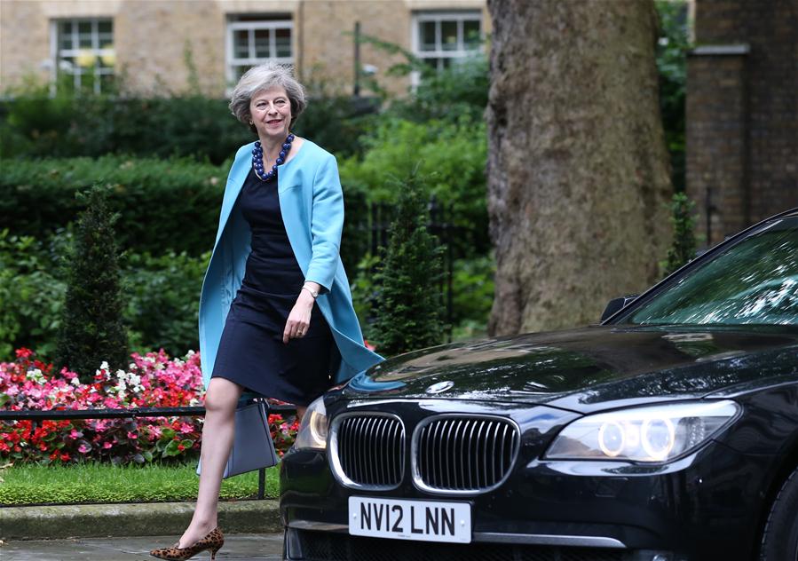  File photo taken on June 27, 2016 shows British Home Secretary Theresa May arriving for a cabinet meeting at 10 Downing Street in London, Britain. British Home Secretary Theresa May, the only remaining contender in the Tory leadership bid, is to become the new prime minister by Wednesday evening, Prime Minister David Cameron announced Monday. (Xinhua/Han Yan)