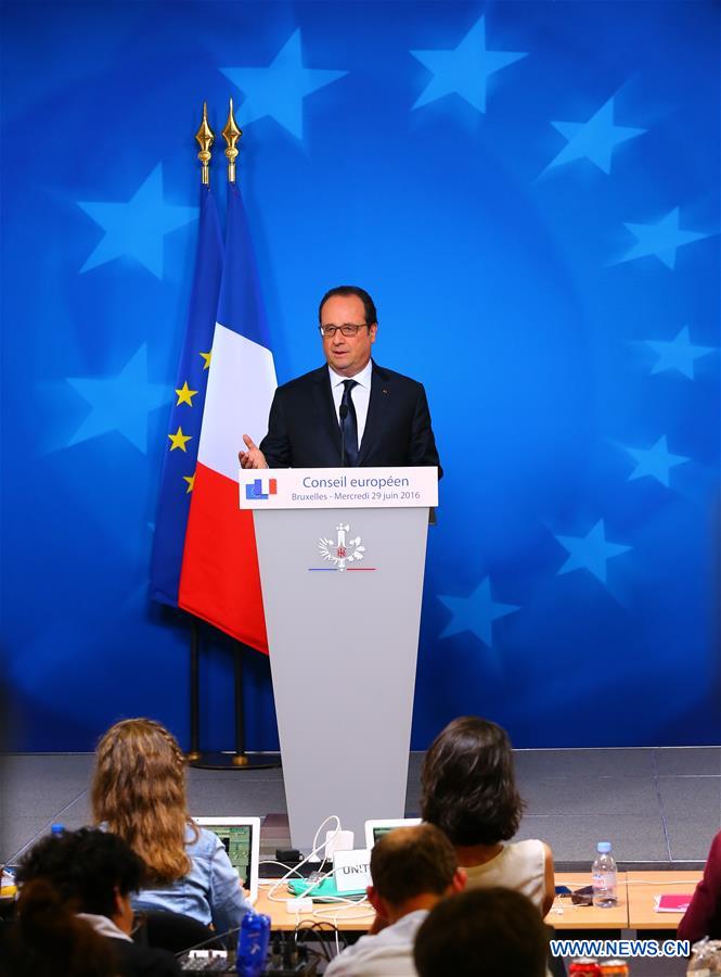 BRUSSELS, June 29, 2016 (Xinhua) -- French President Francois Hollande attends a press conference at the EU headquarters in Brussels, Belgium, June 29, 2016. European Council President Donald Tusk said on Wednesday that leaders of the 27 non-UK European Union countries have agreed that they would not grant Britain access to the block