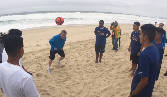 IOC President Thomas Bach plays beach football ahead of the Rio Games.
