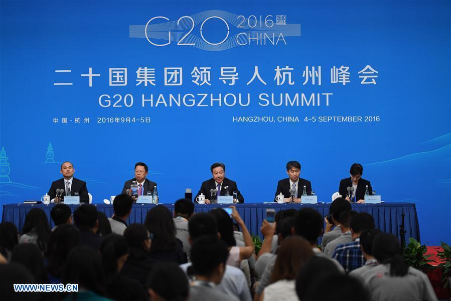 A press conference of the Business 20 (B20) summit is held in Hangzhou, capital of east China