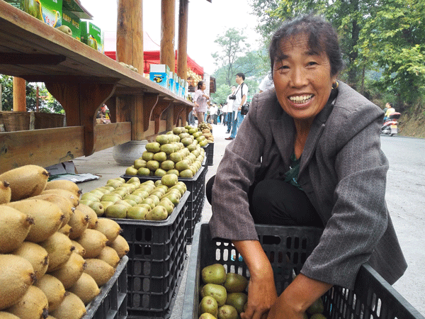 A farmer sells kiwi fruits in Changputang village, Fenghuang county, Hunan province on Aug 31, 2016. [Photo by Xiao Yi/provided to chinadaily.com.cn]