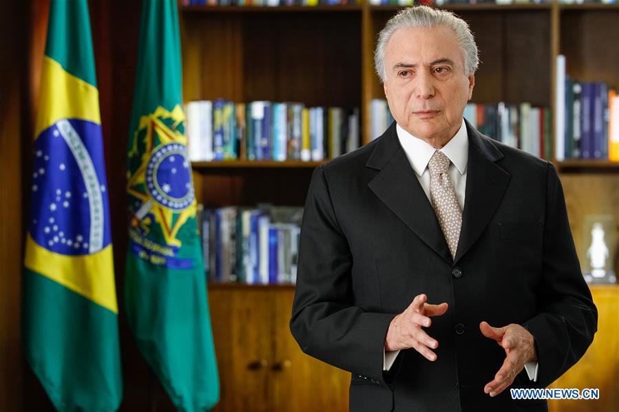 Image provided by the Presidency of Brazil shows Brazilian President Michel Temer delivering a radio and television speech after he was sworn in as the new president of Brazil in Brasilia, capital of Brazil, on Aug. 31, 2016. (Xinhua/Beto Barata/Presidency of Brazil)  