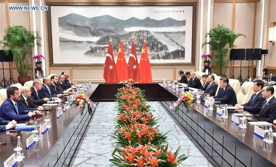 Chinese President Xi Jinping (3rd R) meets with his Turkish counterpart Recep Tayyip Erdogan (3rd L) who came to Hangzhou to attend the G20 Summit in Hangzhou, capital city of east China