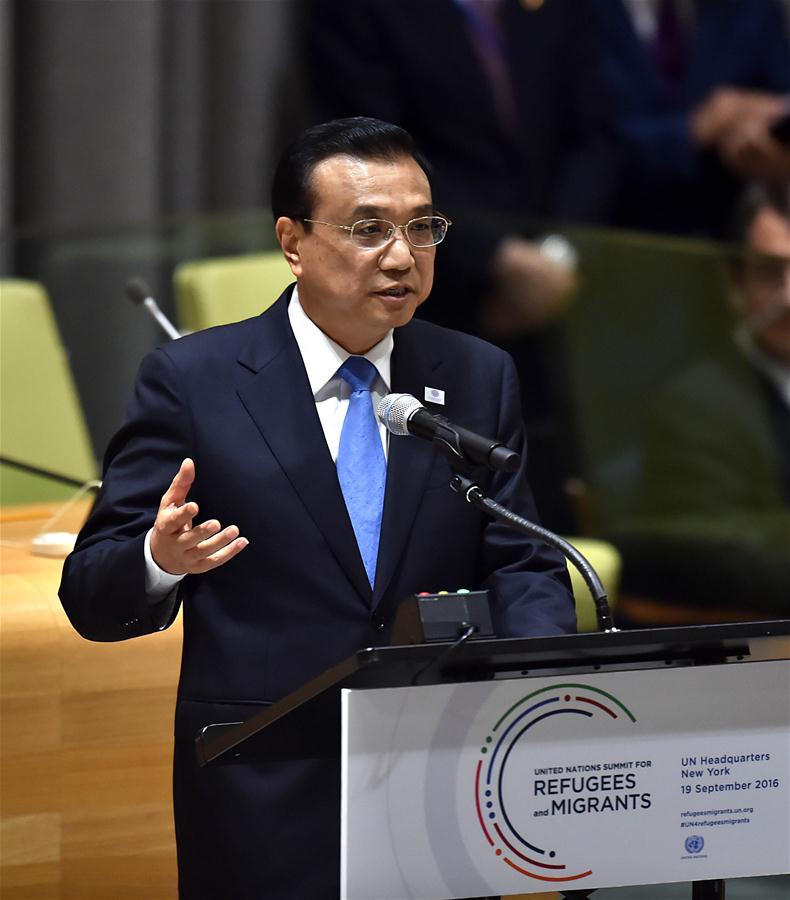 Chinese Premier Li Keqiang addresses the Summit for Refugees and Migrants of the on-going U.N. General Assembly in New York, the United States, Sept. 19, 2016. (Xinhua/Li Tao)