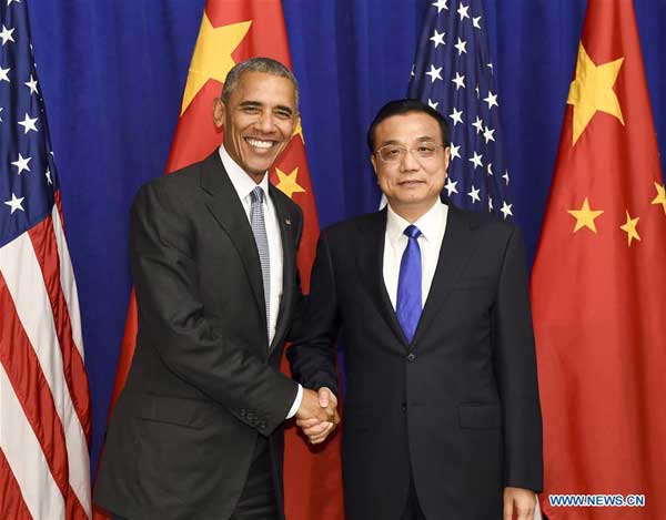 Chinese Premier Li Keqiang (R) meets with U.S. President Barack Obama in New York Sept. 19, 2016. (Xinhua/Li Xueren)