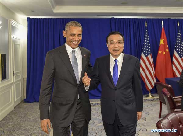 Chinese Premier Li Keqiang (R) meets with U.S. President Barack Obama in New York Sept. 19, 2016. (Xinhua/Li Xueren)