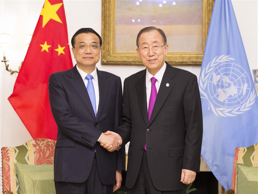 Chinese Premier Li Keqiang (L) meets with UN Secretary-General Ban Ki-moon in New York Sept. 19, 2016. (Xinhua/Huang Jingwen)