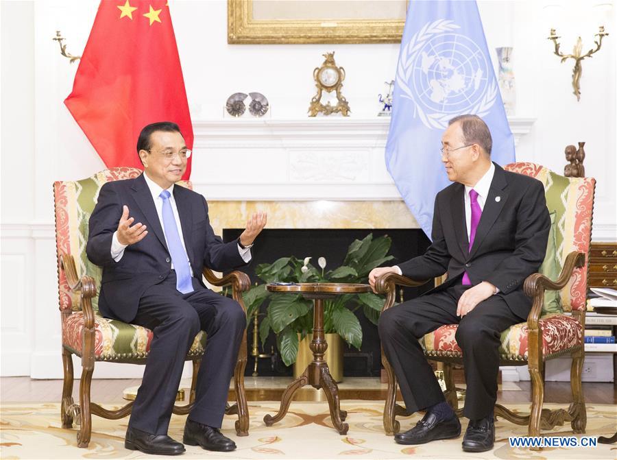 Chinese Premier Li Keqiang (L) meets with UN Secretary-General Ban Ki-moon in New York Sept. 19, 2016. (Xinhua/Huang Jingwen)