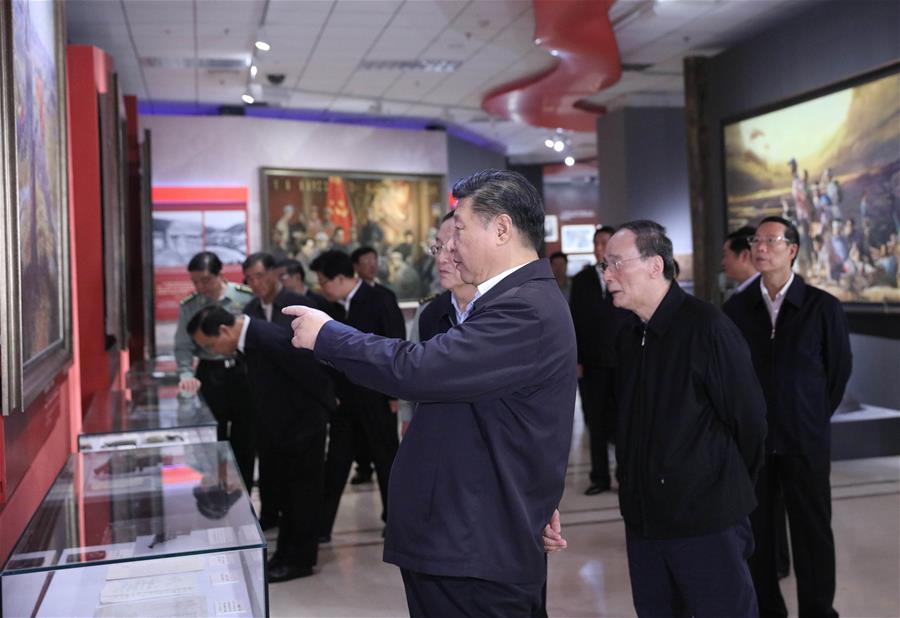 Chinese President Xi Jinping (front) and other senior leaders visit an exhibition marking the 80th anniversary of the end of the Long March in Beijing, capital of China, Sept. 23, 2016. Chinese President Xi Jinping and other senior leaders Yu Zhengsheng, Liu Yunshan, Wang Qishan and Zhang Gaoli visited the exhibition here on Friday. (Xinhua/Lan Hongguang)