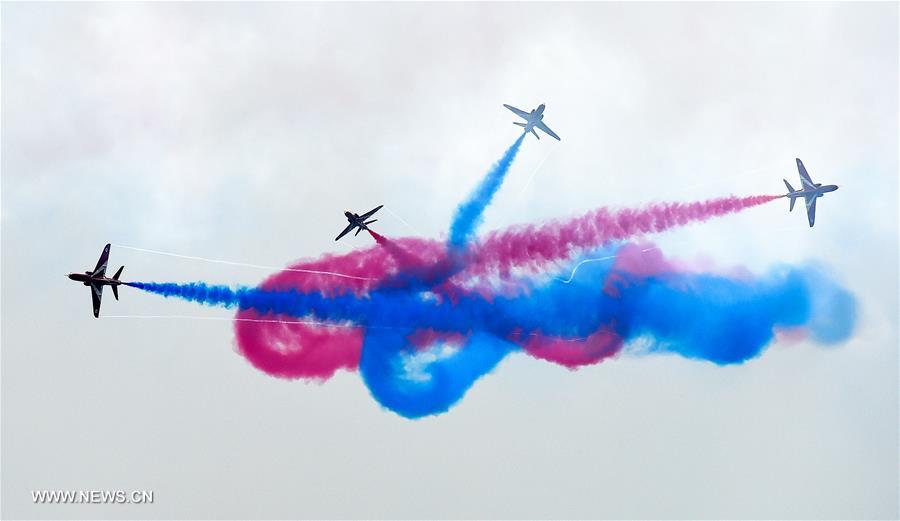 The Red Arrows, the British Royal Air Force Aerobatic Team, perform at the 11th China International Aviation and Aerospace Exhibition in Zhuhai, south China