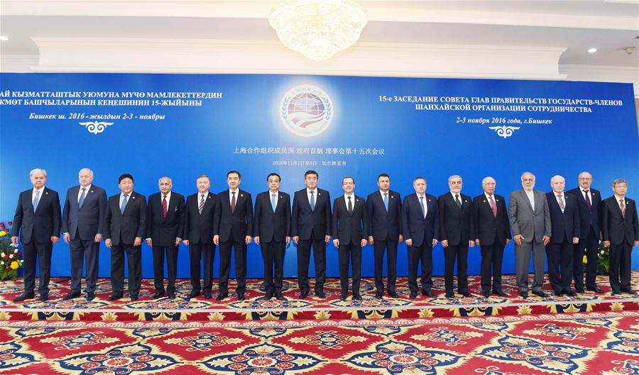 Chinese Premier Li Keqiang (7th L) poses for a group photo with other leaders at the 15th Shanghai Cooperation Organization (SCO) prime ministers