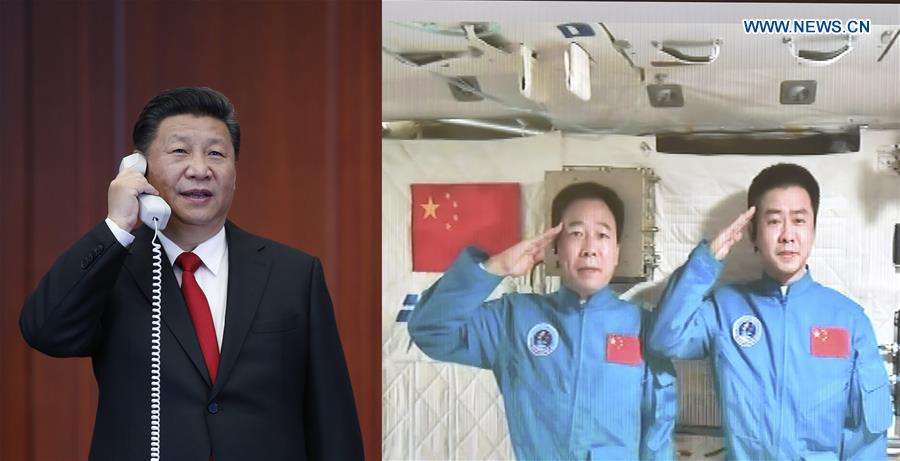 Combination photo taken on Nov. 9, 2016 shows Chinese President Xi Jinping (L) talks with the two astronauts, Jing Haipeng and Chen Dong, in the space lab Tiangong-2, at the command center of China