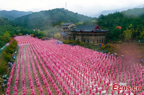 Dancers perform on Yunwu Mountain in Wuhan, Hubei province, on Nov 7, 2016. A total of 50,085 people in 14 cities, including Beijing, Tianjin and Jinan, danced at the same time, setting a Guinness World Record for multiple-site large-scale dancing.(Photo: China News Service/ Zhang Chang)