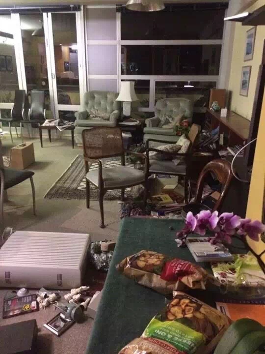 Photo taken on Nov. 14, 2016 (local time) shows a living room of a house in Wellington, New Zealand. A major earthquake rocked South Island of New Zealand in the wee hours of Monday, followed by a series of strong aftershocks and a tsunami warning. (Xinhua)