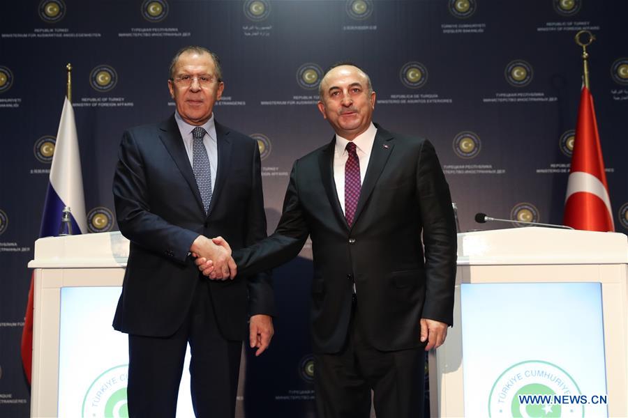 Visiting Russian Foreign Minister Sergei Lavrov (L) shakes hands with his Turkish counterpart Mevlut Cavusoglu during a joint news conference in Alanya, Turkey, on Dec. 1, 2016. Neither Syria nor Russia attacked Turkish soldiers in northern Syria on Nov. 24, Russian Foreign Minister Sergei Lavrov said here on Thursday. (Xinhua/Mert Macit) 