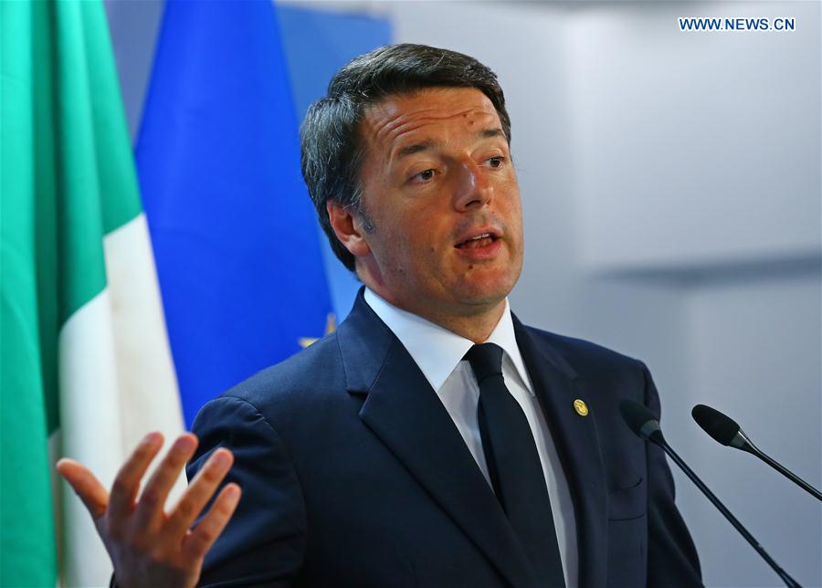 Photo taken on June 29, 2016 shows Italian Prime Minister Matteo Renzi attending a press conference at the EU headquarters in Brussels, Belgium. Italian Prime Minister Matteo Renzi on early Dec. 5 announced resignation, as exit polls suggested a large defeat in the referendum on cabinet-backed constitutional reform which was held on Sunday. (Xinhua/Gong Bing)