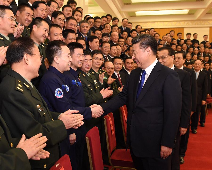 Top Communist Party of China (CPC) and state leadersXi Jinping,Li Keqiang,Zhang Dejiang,Yu Zhengsheng,Liu Yunshan,Wang QishanandZhang Gaolimeet with astronauts as well as representatives involved in research and testing for the country